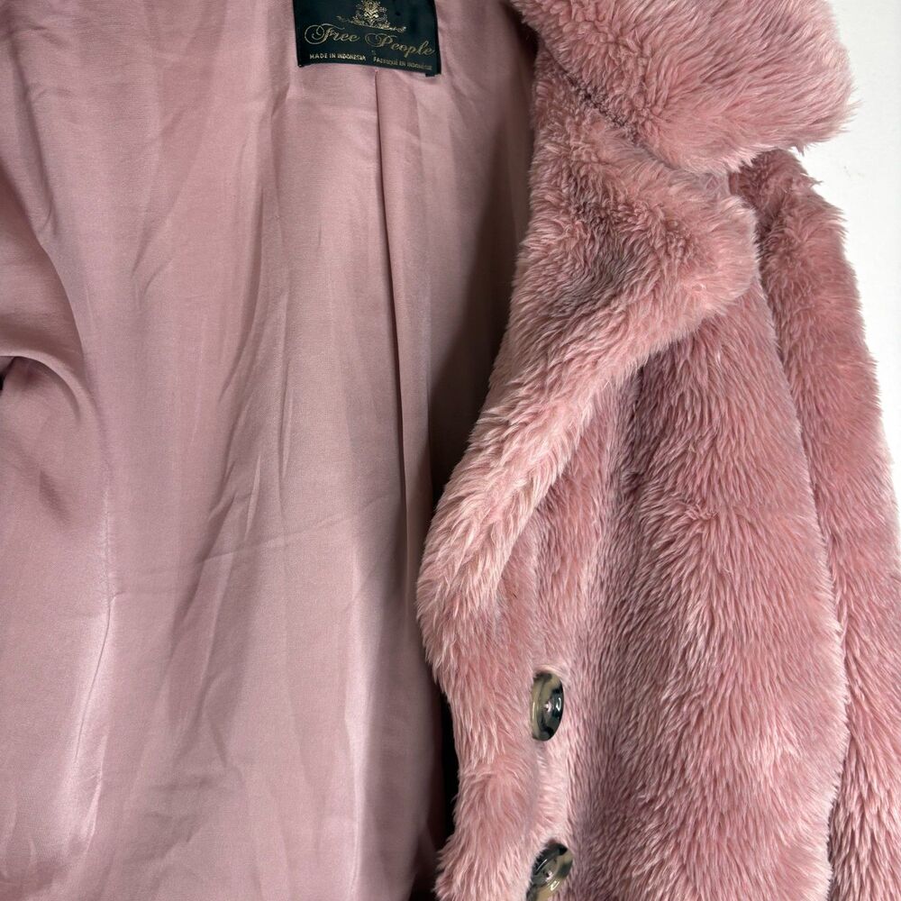 Free People Pink Faux Fur Coat Women’s Small Plush Teddy Shaggy Y2K Boho Jacket - Picture 7 of 8